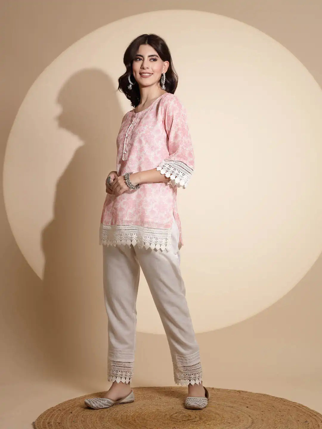 Pink Floral Print Three Fourth Sleeve Round Neck Tunic Set
