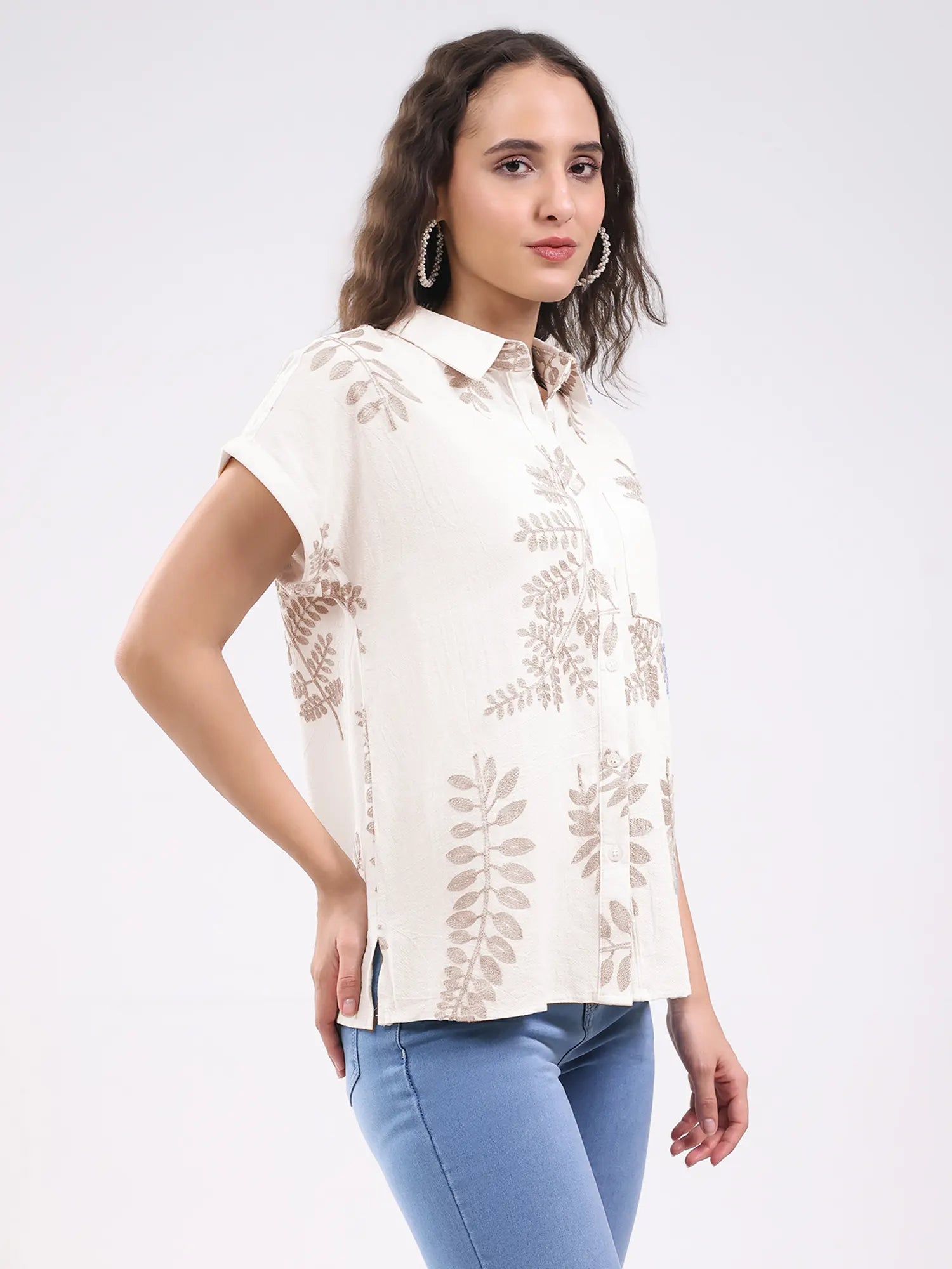 Beige Embroidered Boxy Shirt
