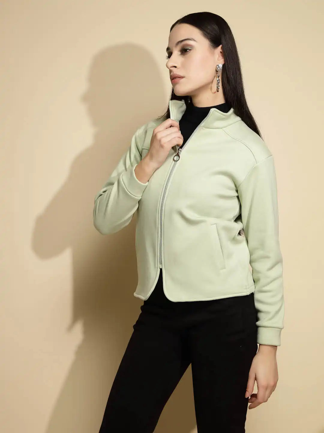 Green Solid Full Sleeve Turtle Neck Fleece Sweatshirt - Global Republic