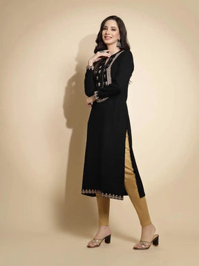 Black Embroidered Full Sleeve Round With V-Neck Woolen Kurta