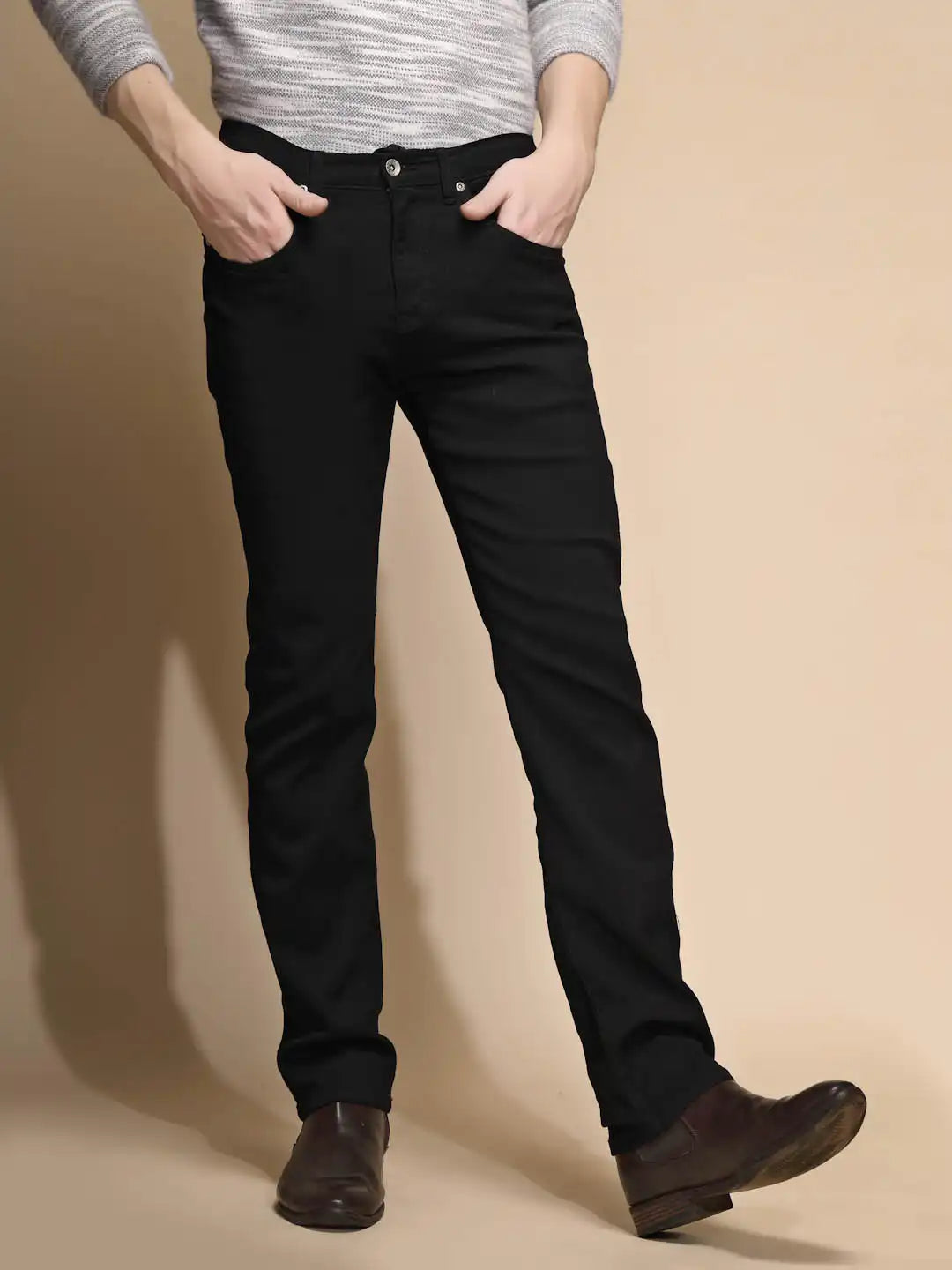 Solid Black Stretchable Mid Rise Straight Fit Cotton Blend Jeans - Global Republic