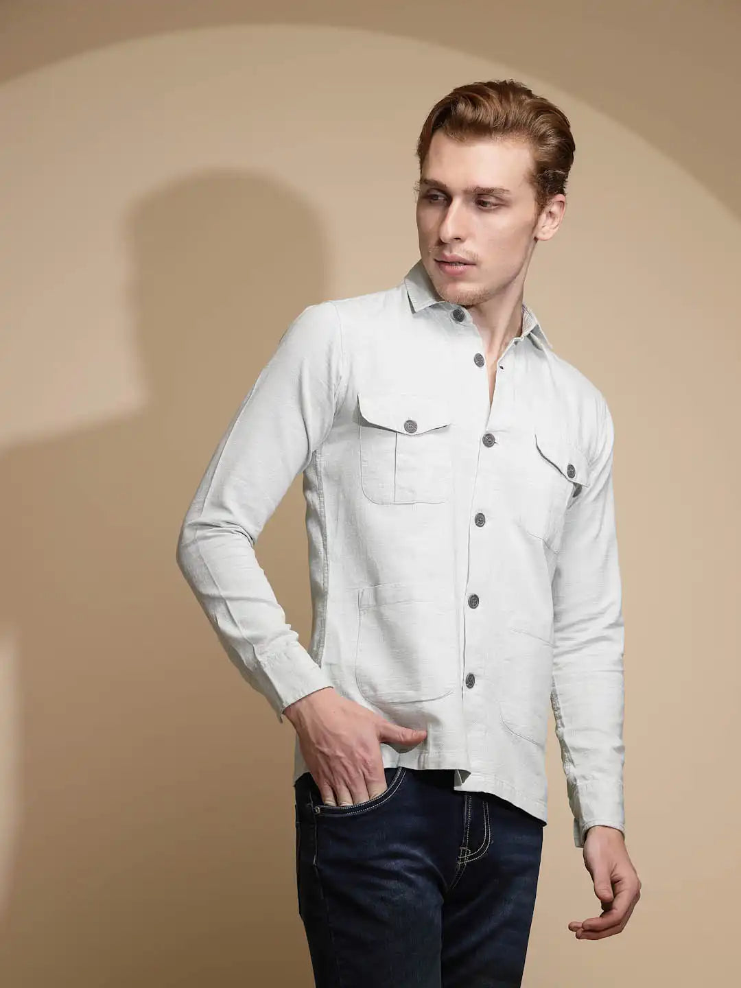 Green Solid Full Sleeve Collared Neck Cotton Shacket