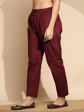 Wine Solid Woolen Blend High Rise Regular fit Pants For Women