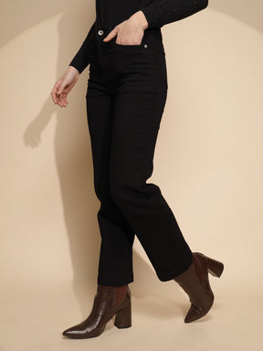 Women Black Solid Cotton Blend Mid Rise Regular fit Jeans
