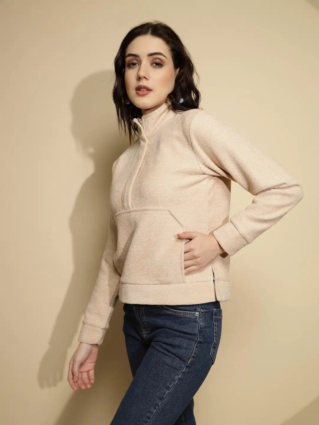 Beige Solid Full Sleeve Turtle Neck Fleece Sweatshirt