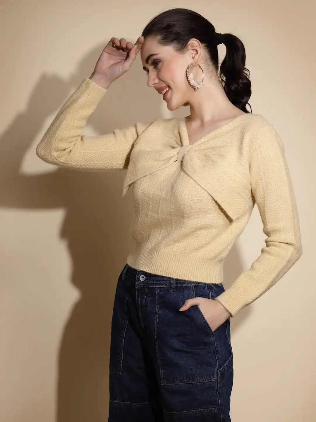 Beige Solid Full Sleeve V-Neck Knitted Pullover