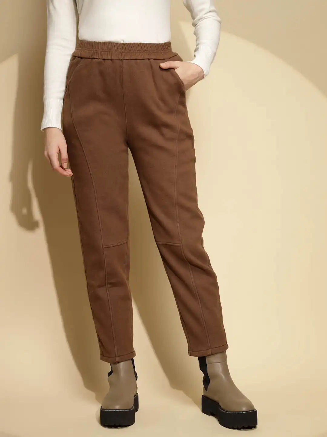 Brown Solid Cotton Mid Rise Ankle Length Trouser - Global Republic #