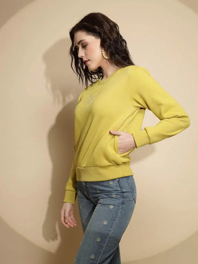 Solid Mustard Full Sleeve Round Neck Acrylic Sweatshirt