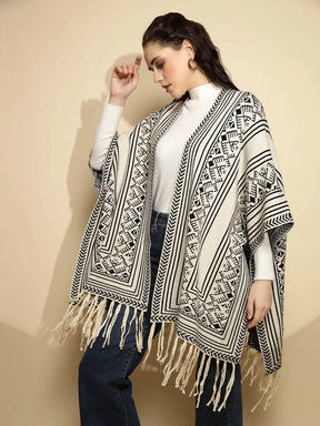 Off White Abstract Print Three Quarter Sleeve Open Neck Knitted Winter Shrug