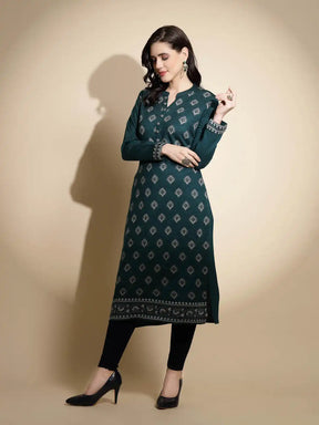 Green Printed Full Sleeve Round With V Neck Woolen Kurta
