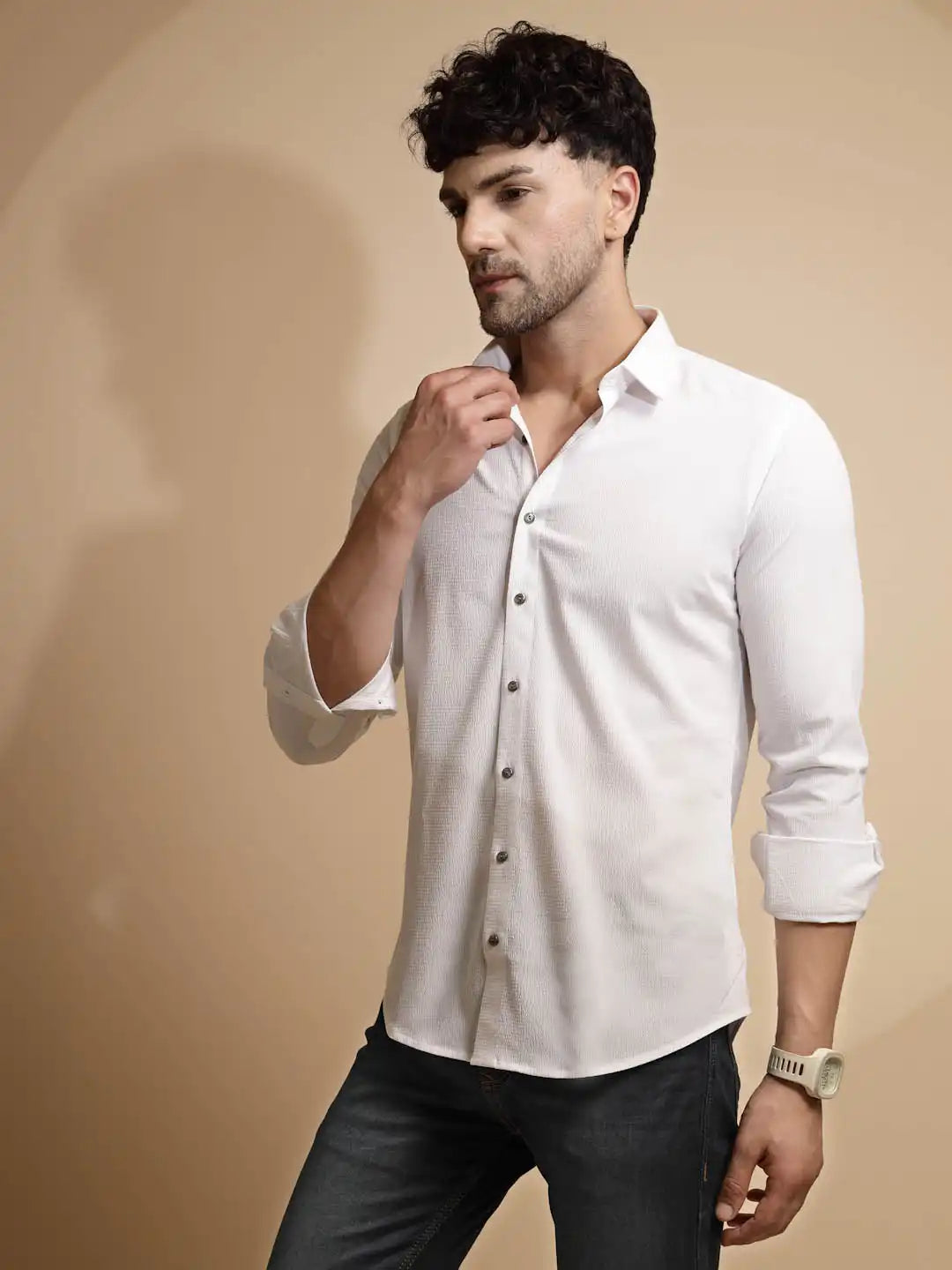 White Solid Full Sleeve Collared Neck  Shirt - Global Republic