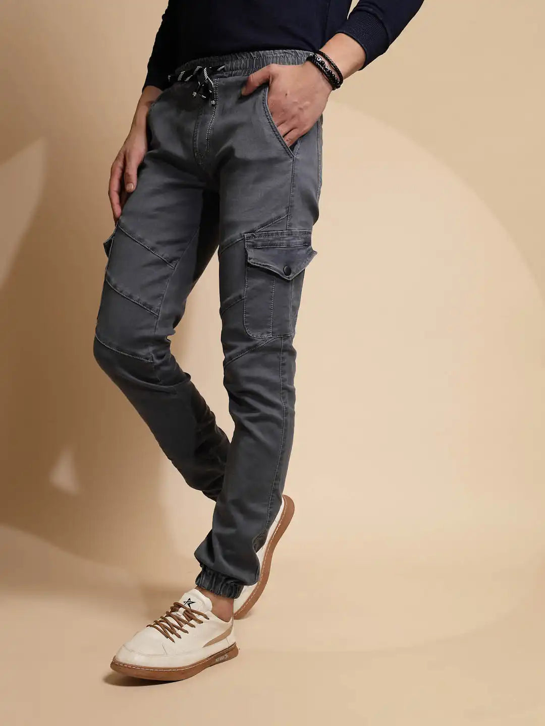 Grey Mid Rise Cotton Blend Jogger