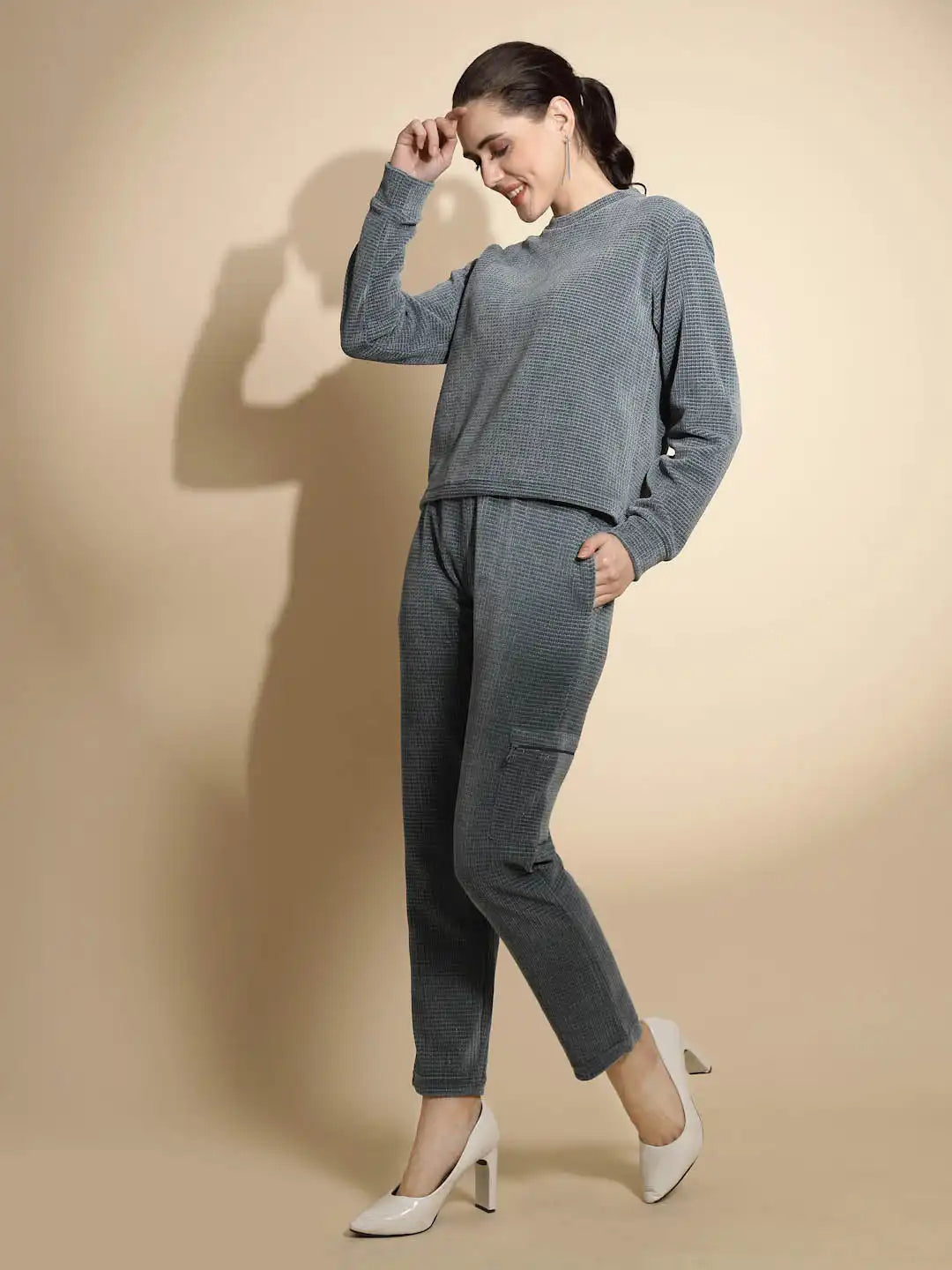 Teal Solid Full Sleeve Round Neck Cotton Blend Co-ord Set