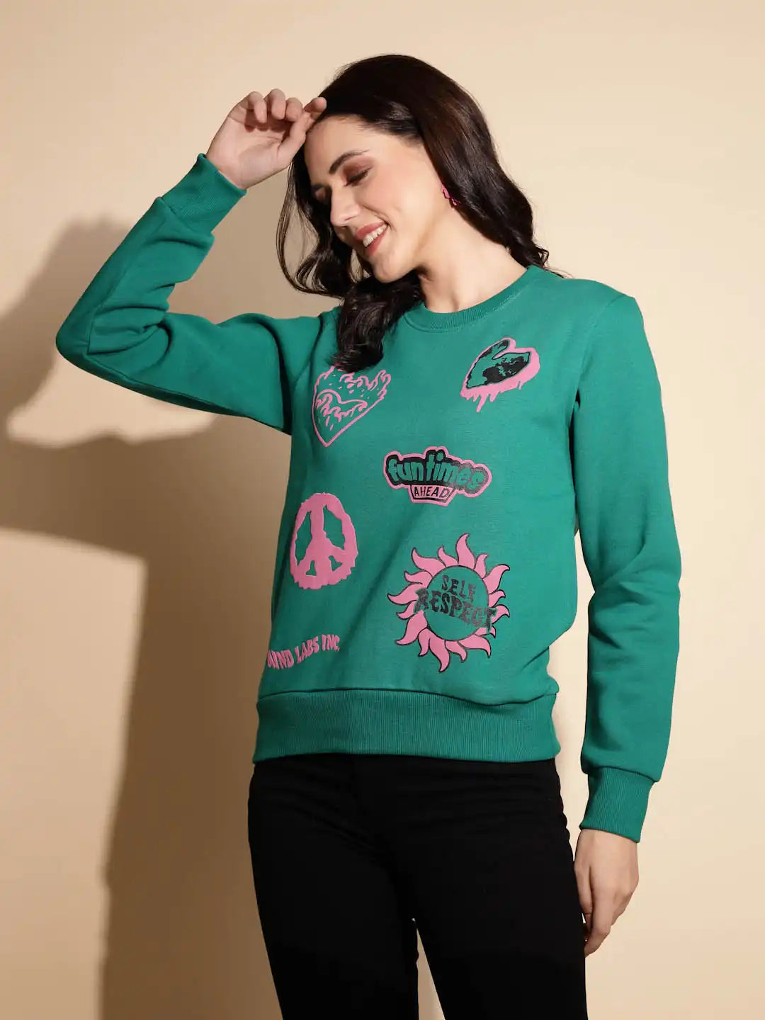 Green Printed Full Sleeve Round Neck Hosiery Sweatshirt