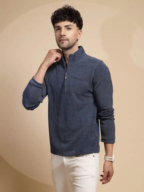 Blue Solid Full Sleeve Collared Neck T-Shirt