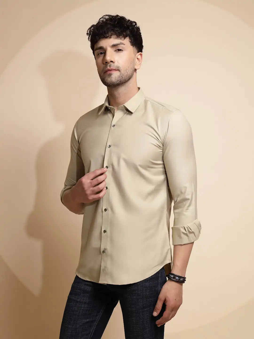 Beige Solid Full Sleeve Collared Neck Cotton Blend Shirt - Global Republic