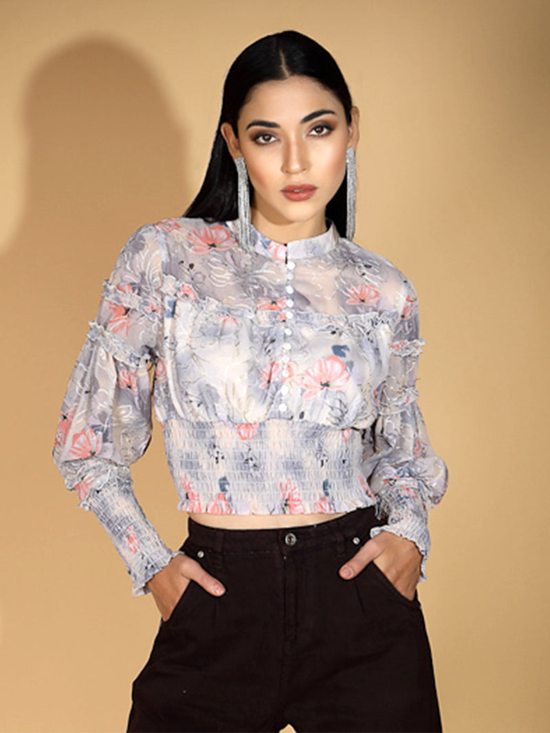 Women Mandarin Collar Printed Blouson Top with Elasticated Hem