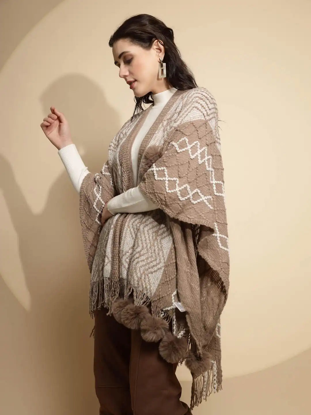 Checkered Acrylic Fur Balls Cape - Global Republic