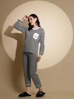 Black Hosiery Abstract Print Top & Pyjama Night Suit Set