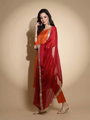 Orange Foil Printed Silk Kurta Bottom Set With Organza Dupatta