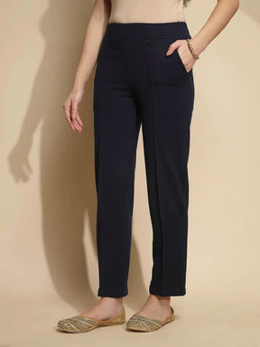 Solid Navy Cotton Mid Rise Ankle Length Pants
