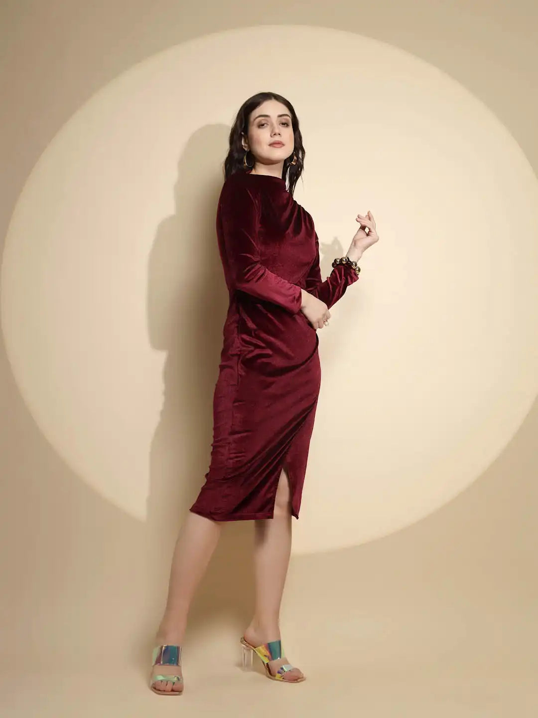 Solid Wine Full Sleeve Cowl Neck Velvet Midi Winter Dress