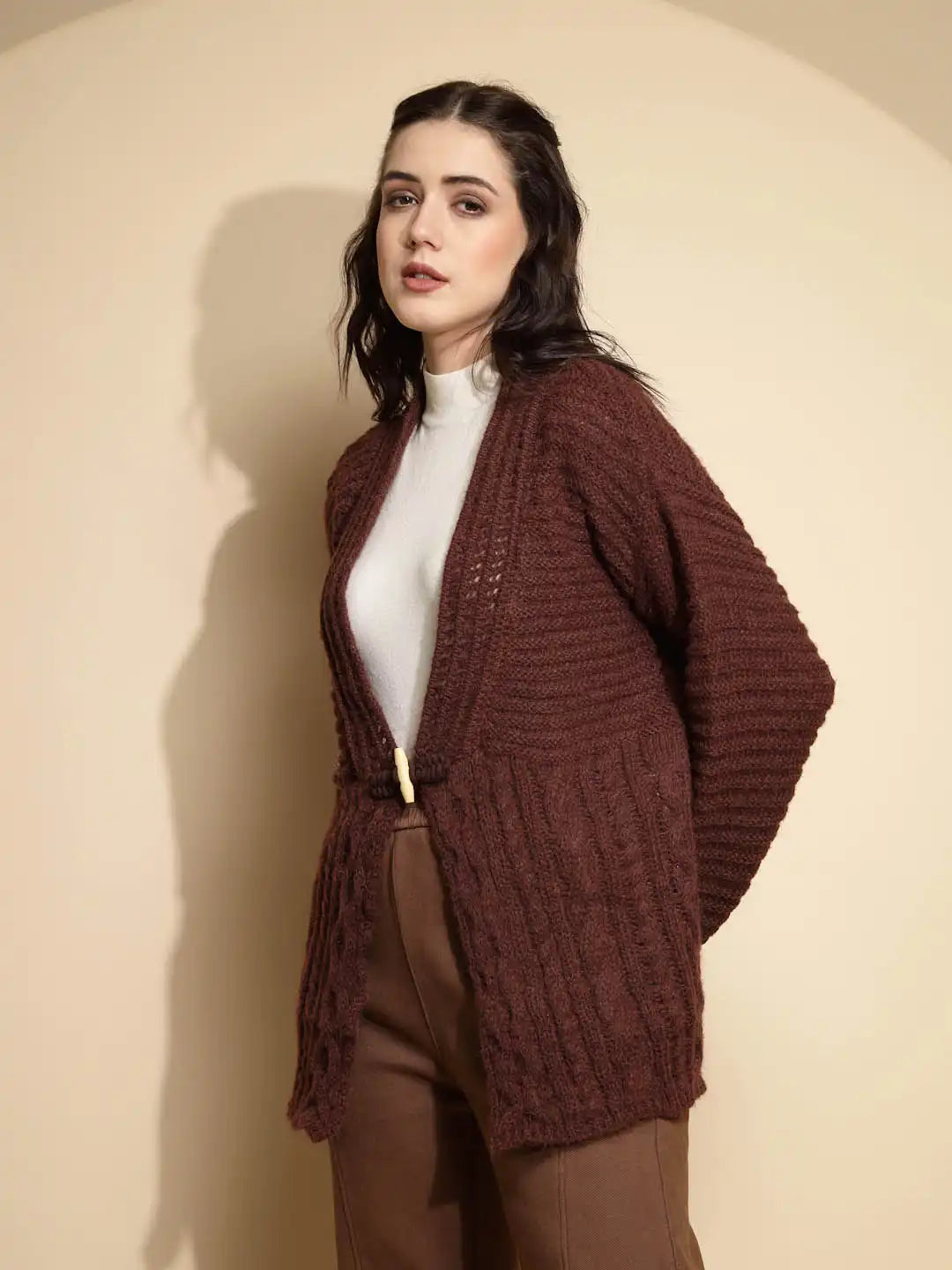 Solid Dark Brown Full Sleeve Open Neck Knitted Cardigan