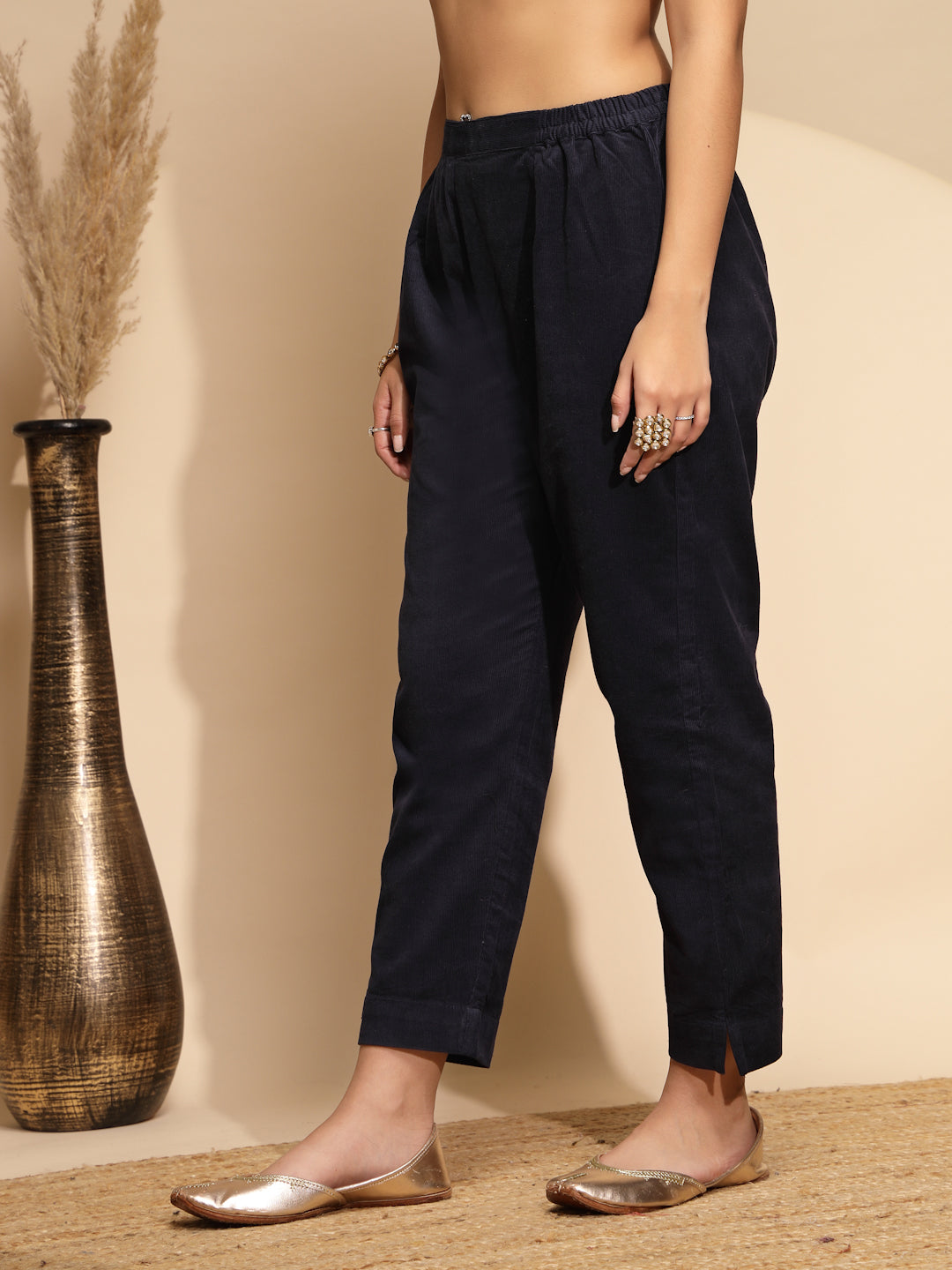 Navy Blue Solid Woolen Blend High Rise Regular fit Pants For Women