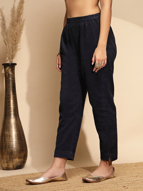 Blue Solid Wool Blend Pant