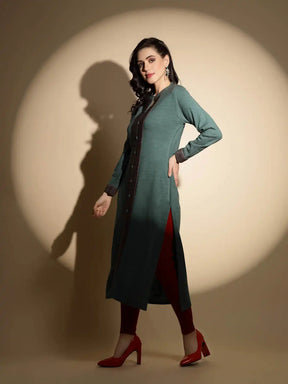 Green Abstract Print Full Sleeve Round With V-Neck Woolen Kurta