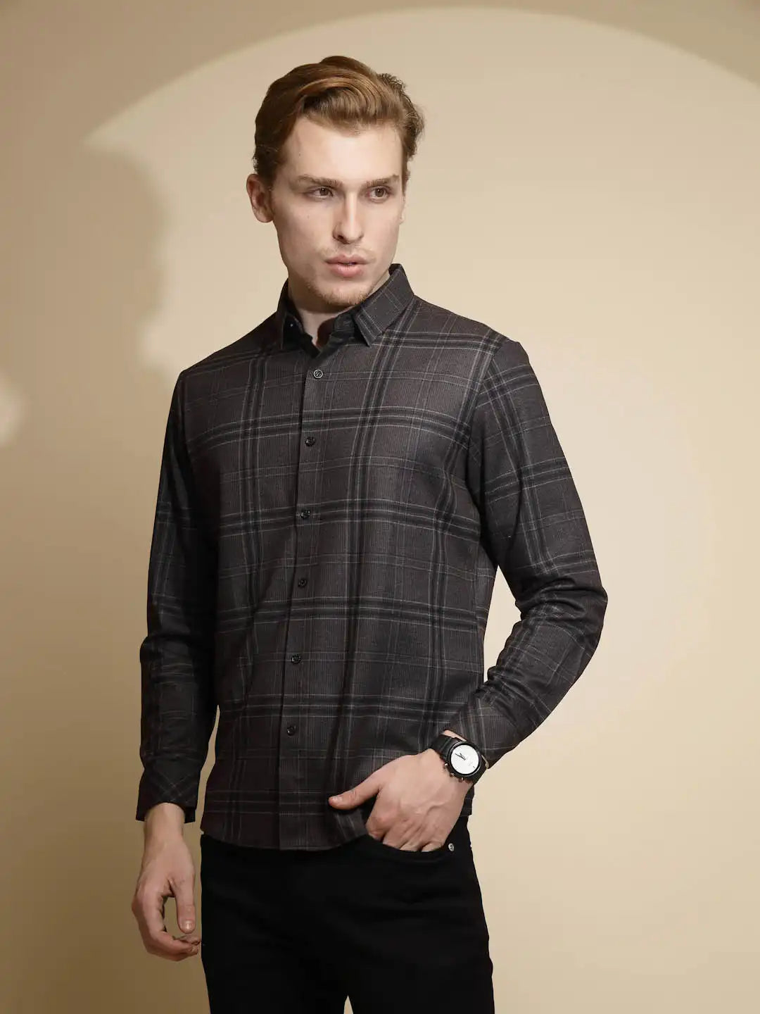 Grey Checkered Full Sleeve Collared Neck Polyseter Shirt