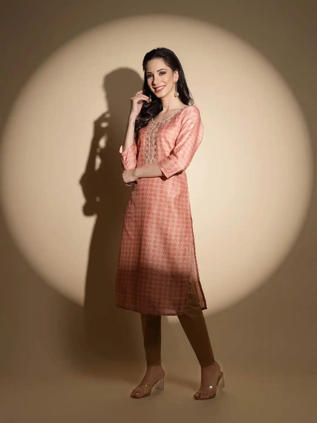 Peach Embroidered Three Quarter Sleeves Round Neck Muslin Kurta