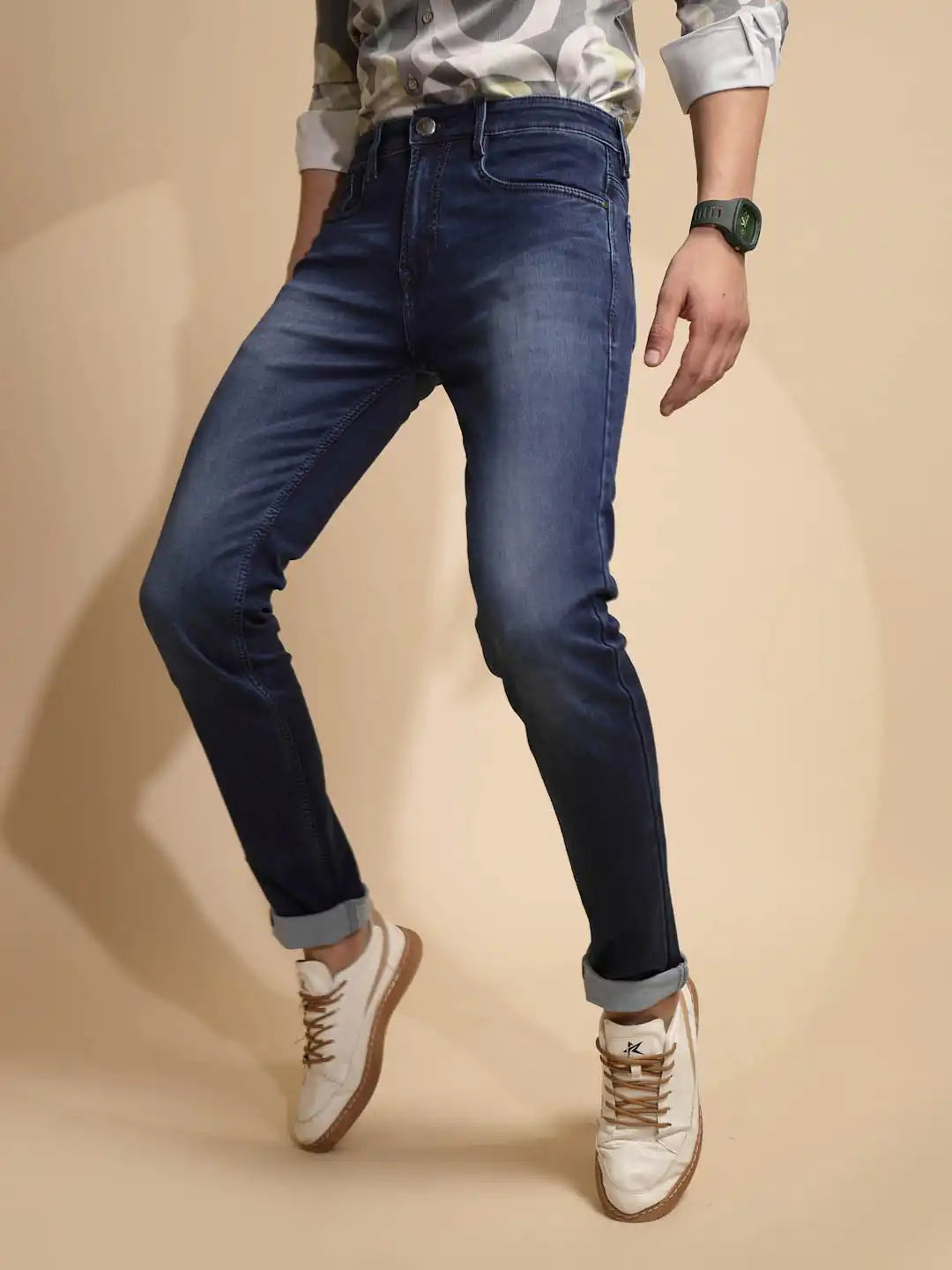 Solid Blue Mid Rise Denim Folding Jeans