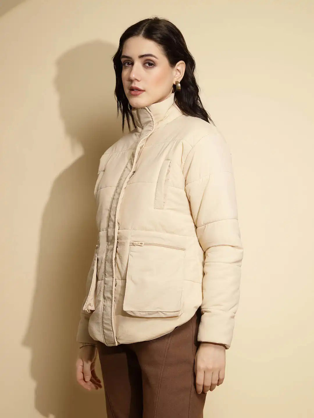 Beige Solid Full Sleeve Turtle Neck Puffer Jacket