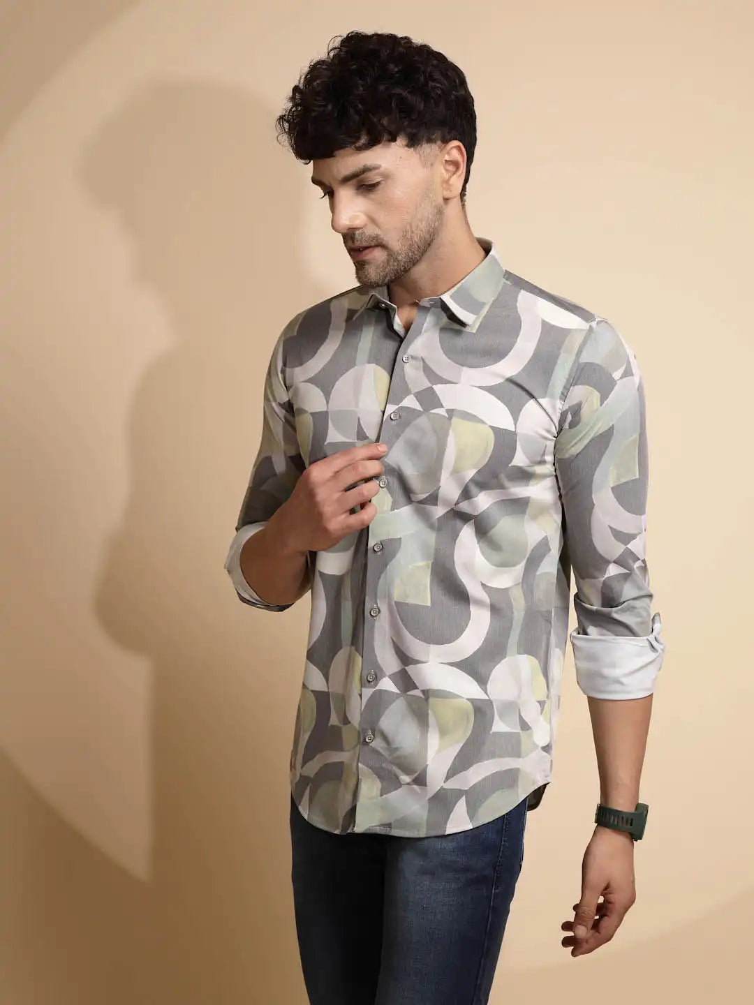 Grey Printed Full Sleeve Collared Neck Blend Shirt - Global Republic