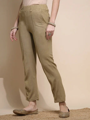 Women Beige Solid Pants Corduroy Mid Rise - Global Republic