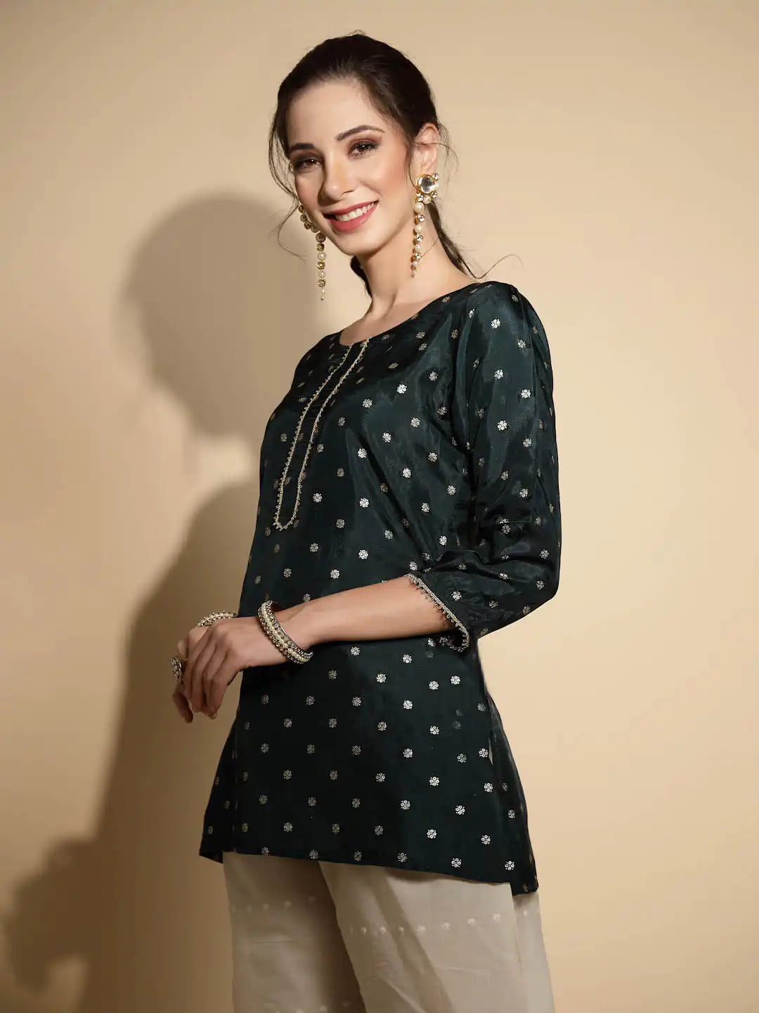 Green Embroidered Three Quarter Sleeves Round Neck Satin Tunic