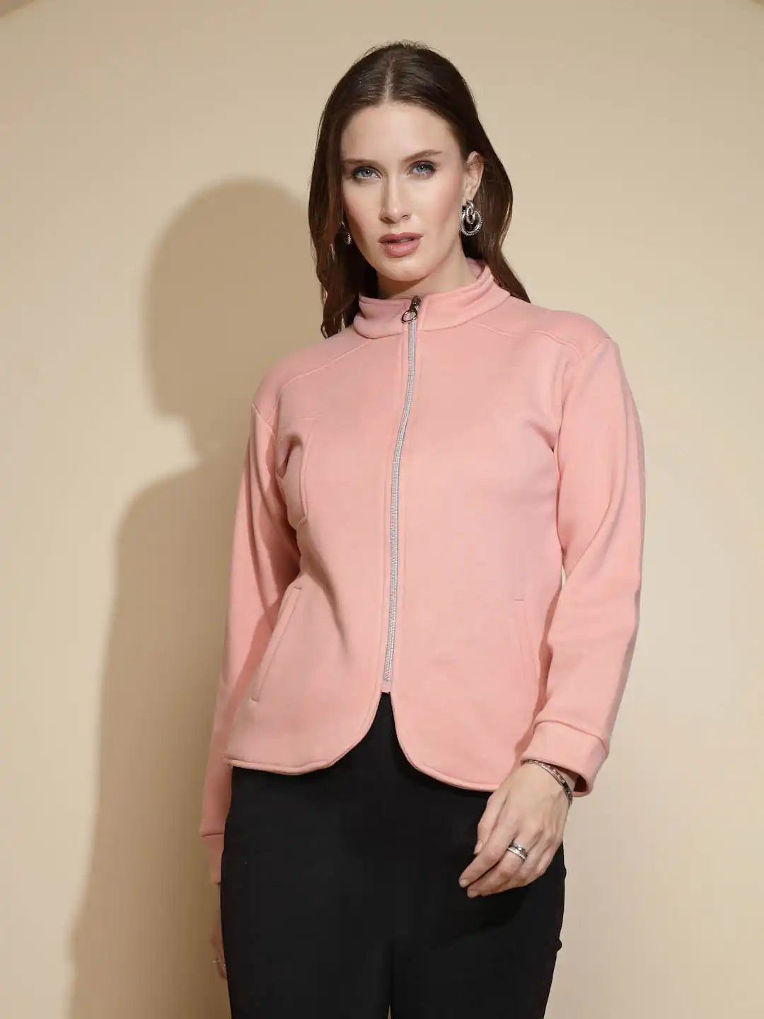Peach Solid Full Sleeve Turtle Neck Fleece Sweatshirt