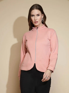 Peach Solid Full Sleeve Turtle Neck Fleece Sweatshirt