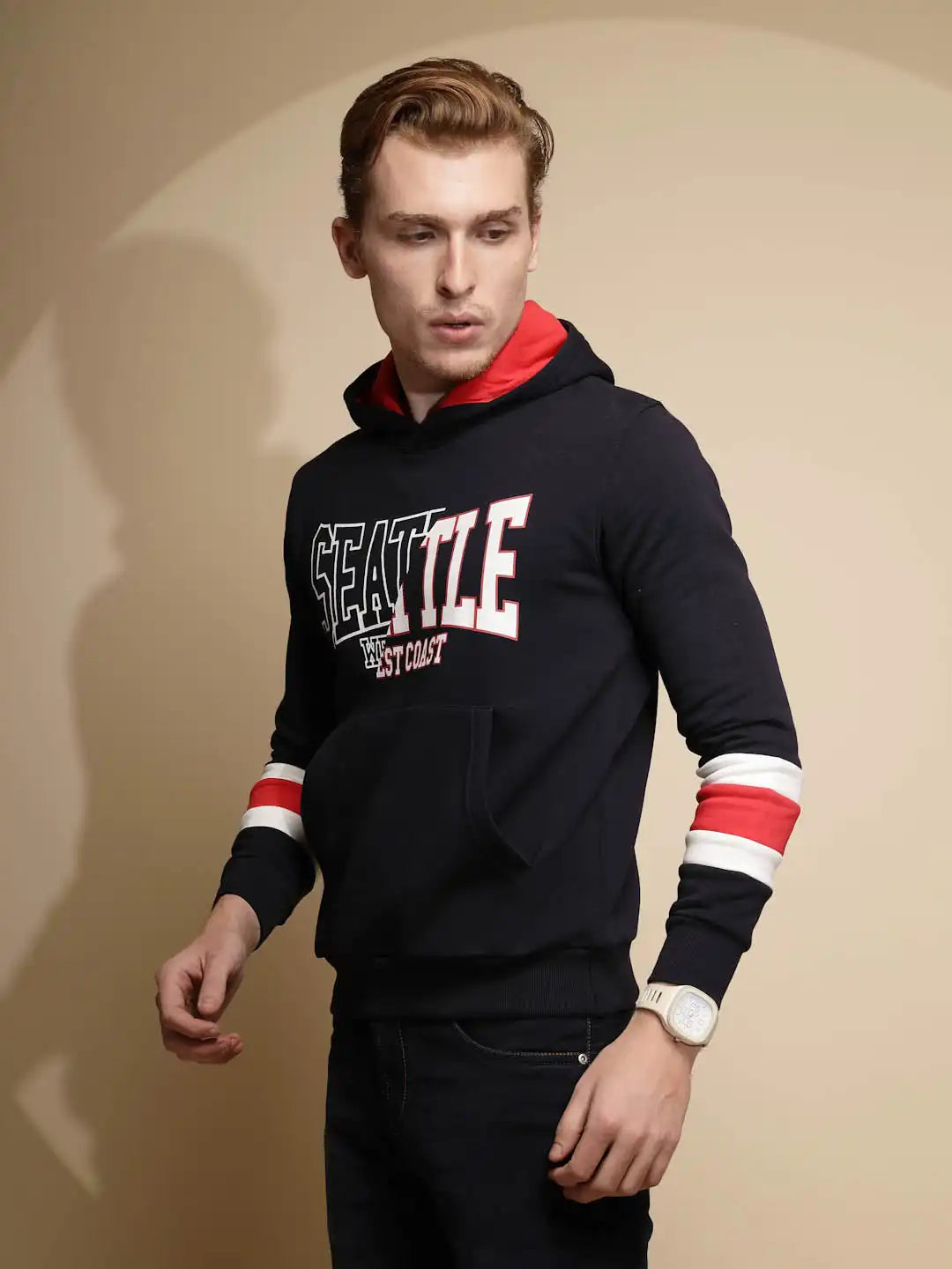 Navy Blue Solid Full Sleeve Fleece Hooded Sweatshirt - Global Republic