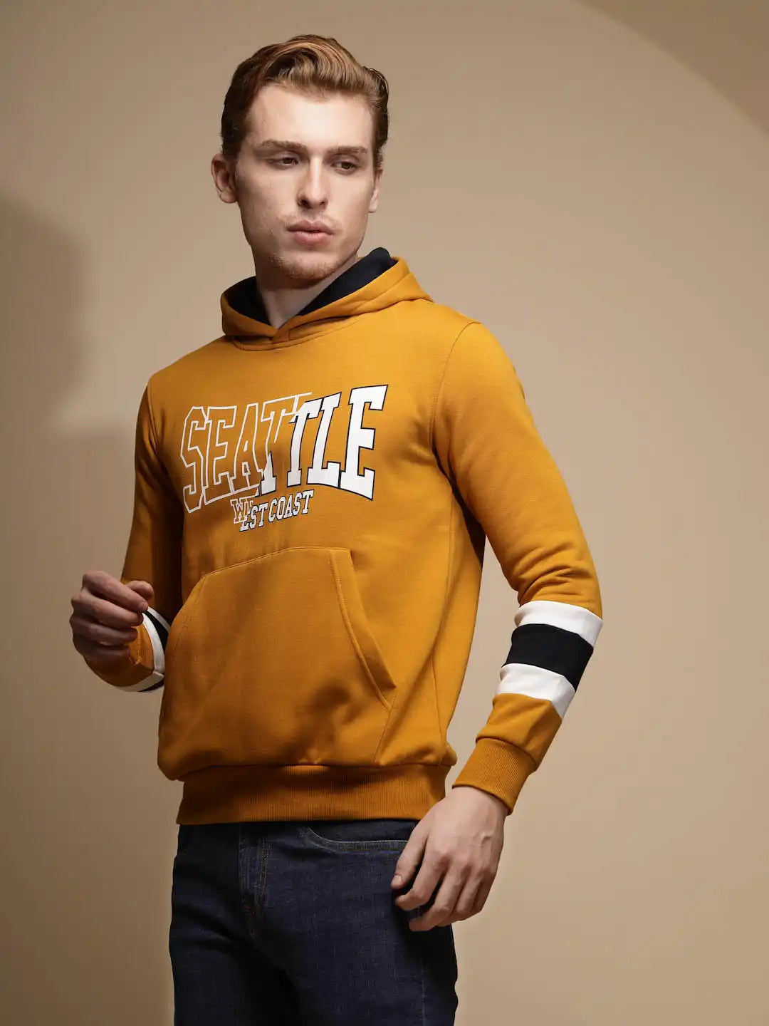 Mustard Solid Full Sleeve Fleece Hooded Sweatshirt