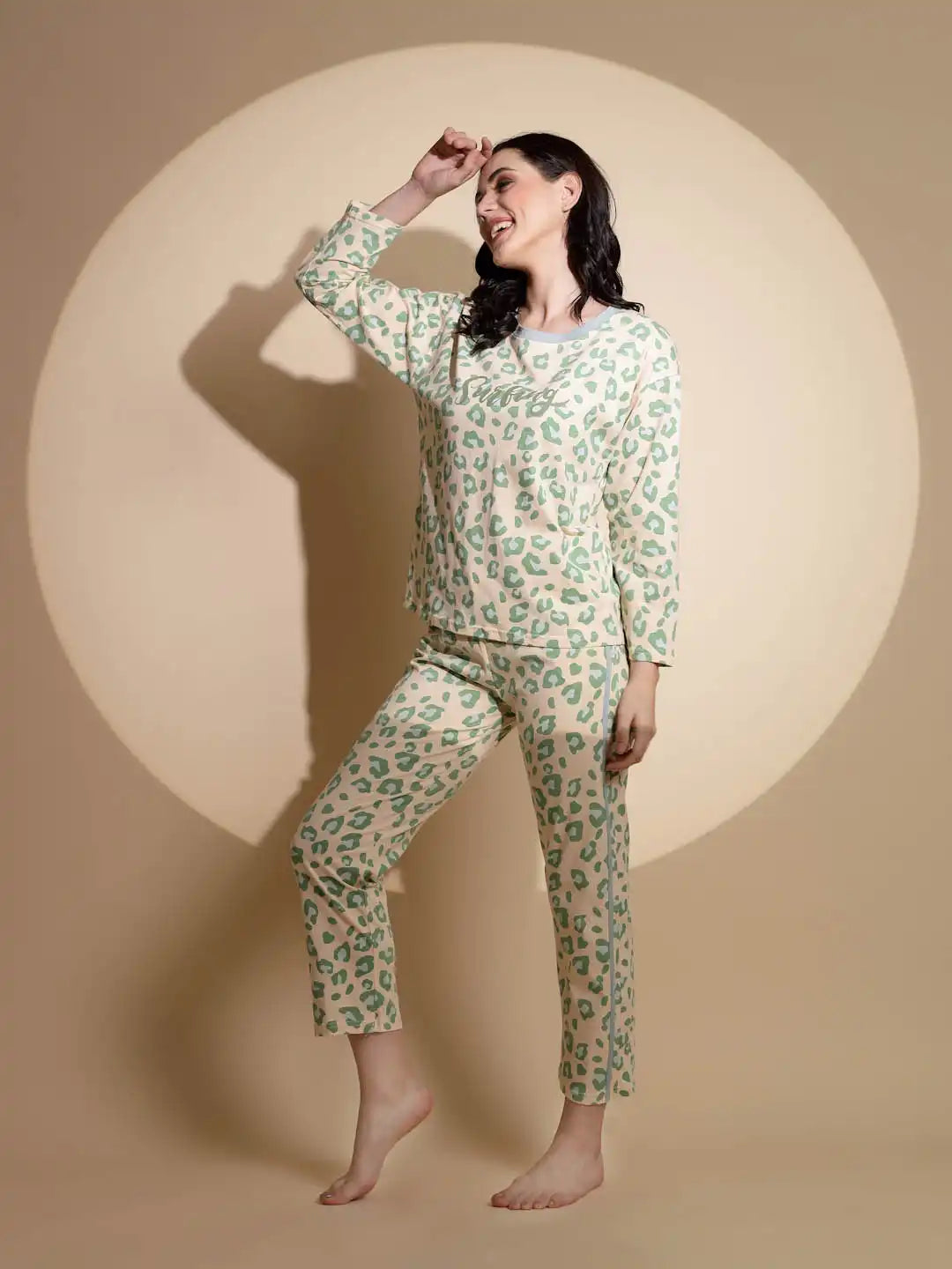 Green Hosiery Three Quarter Sleeve Printed Top & Pyjama Night Suit Set - Global Republic