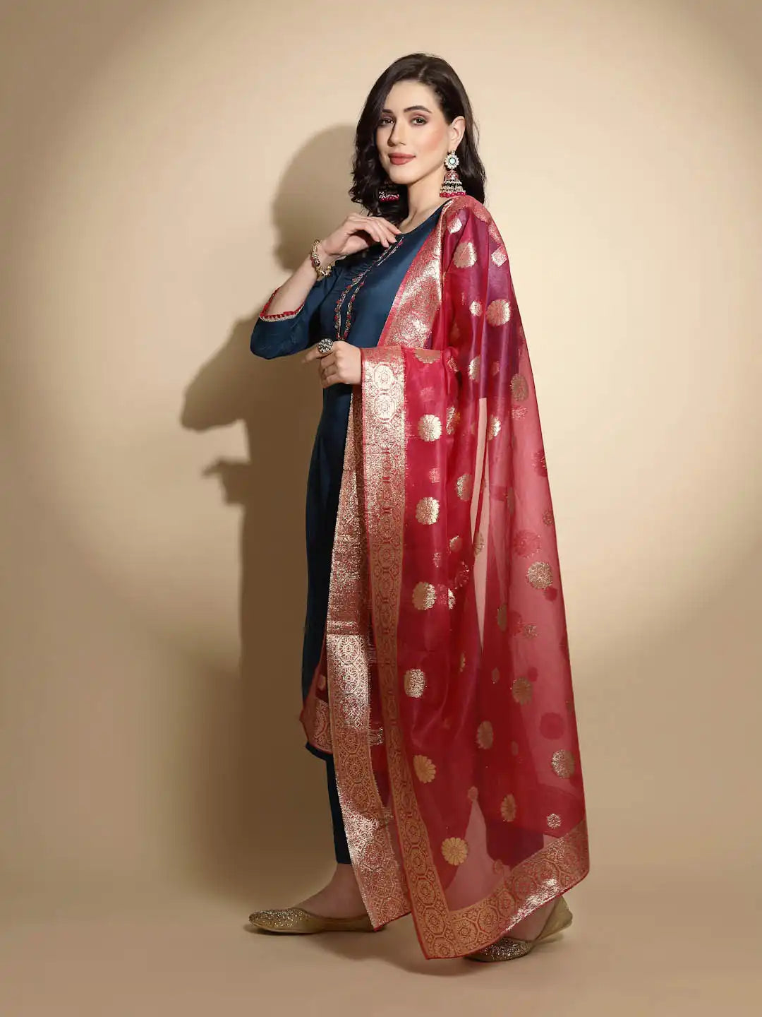 Teal Embroidered Cotton Kurta Bottom Set With Organza Dupatta