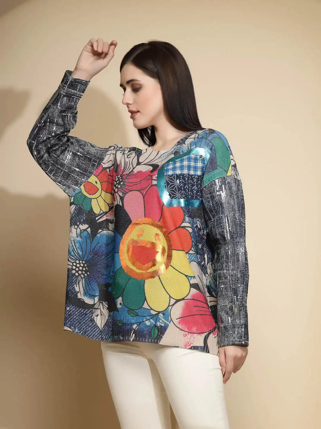 Multicolored Embellished Full Sleeve Round Neck Acrylic Pullover