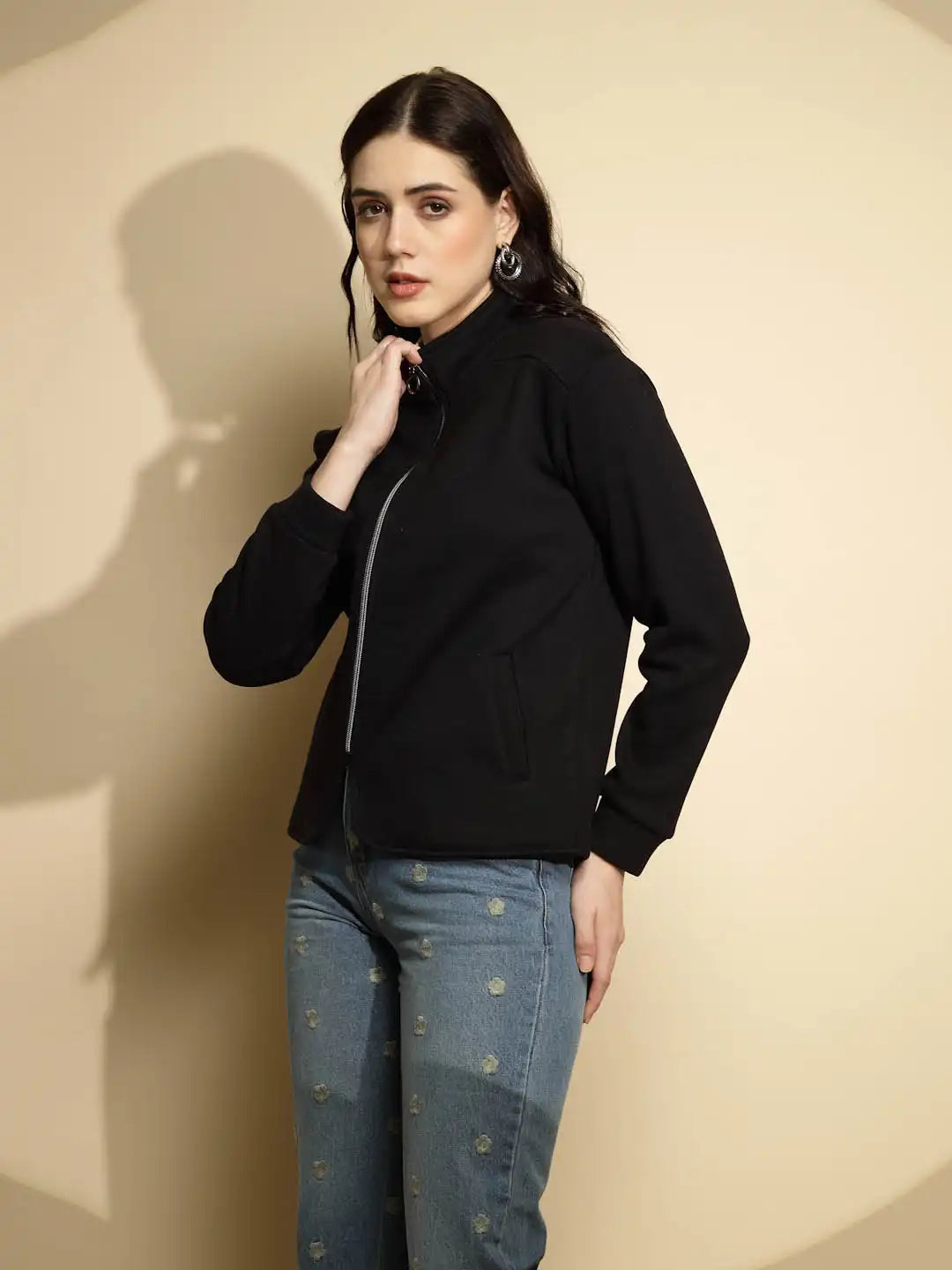Black Solid Full Sleeve Turtle Neck Fleece Sweatshirt - Global Republic