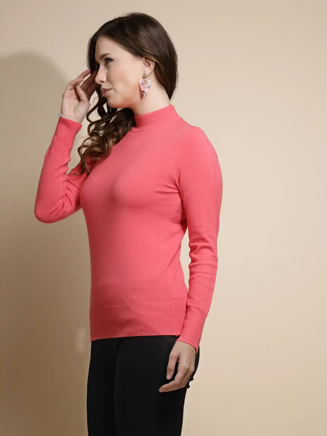 Hot Pink Turtle Neck Solid Pullover