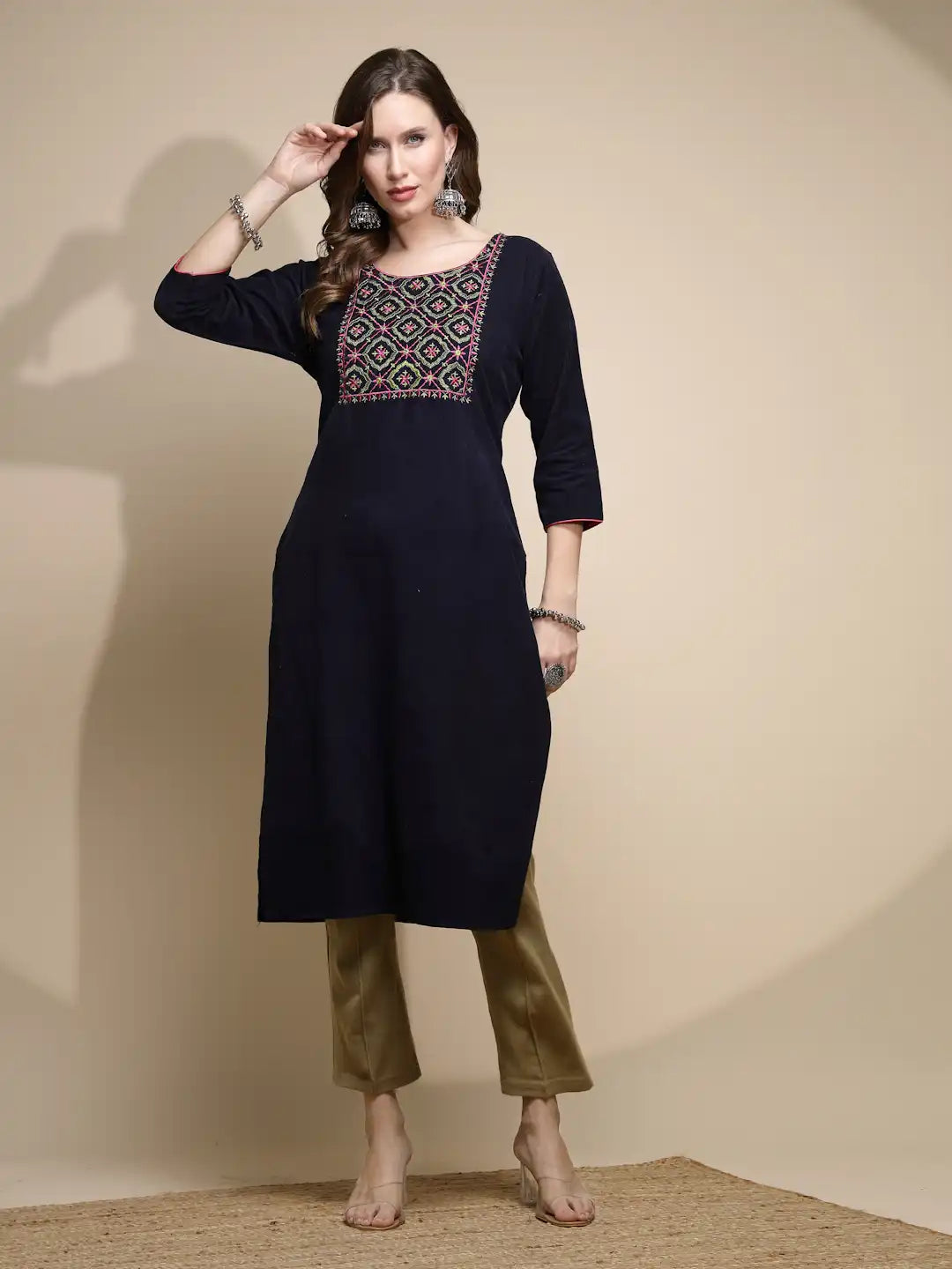 Women Blue Embellished Kurta Round Neck Corduroy With Three Quarter Sleeve