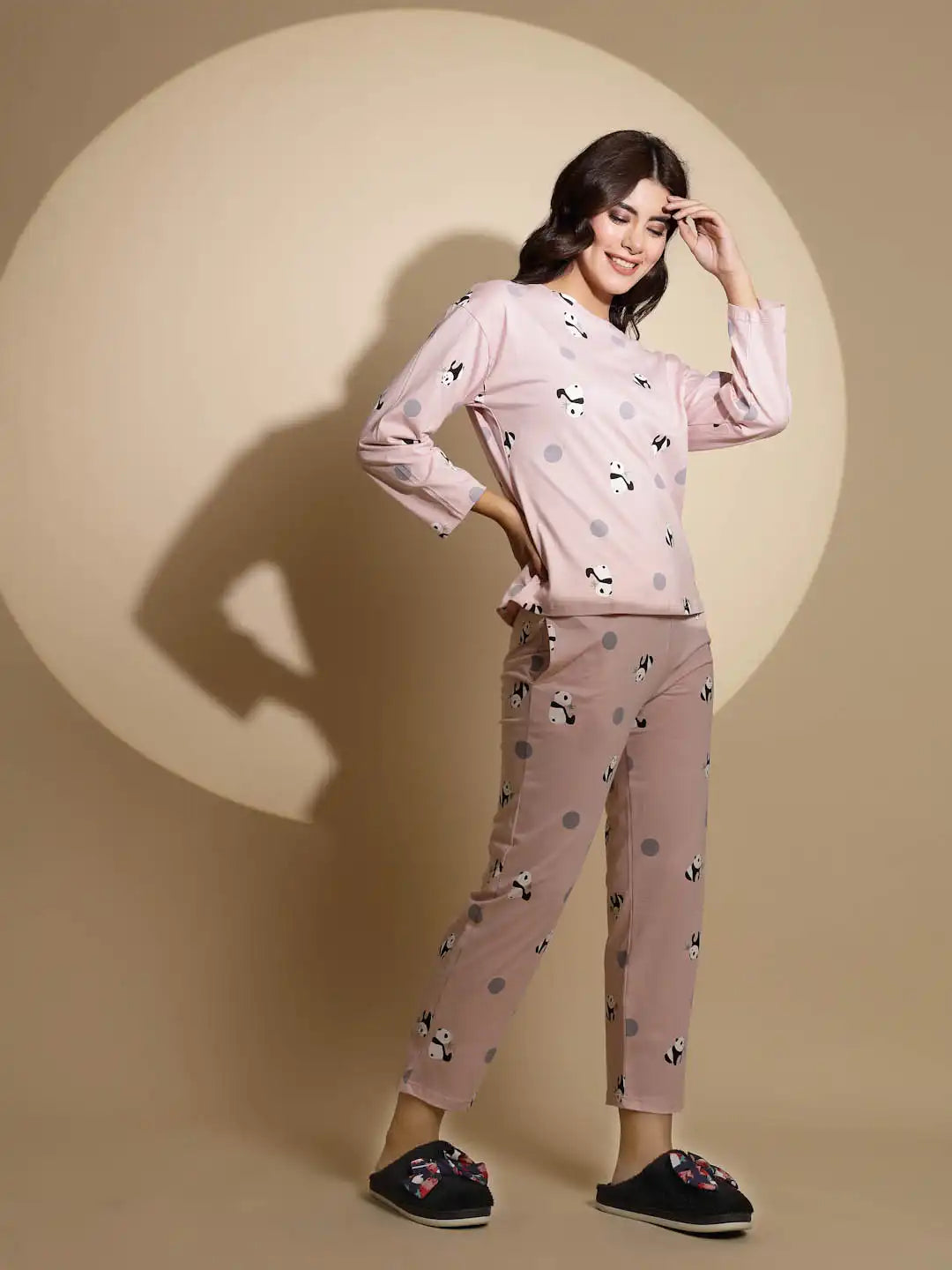 Pink Hosiery Full Sleeve Printed Top & Pyjama Night Suit Set