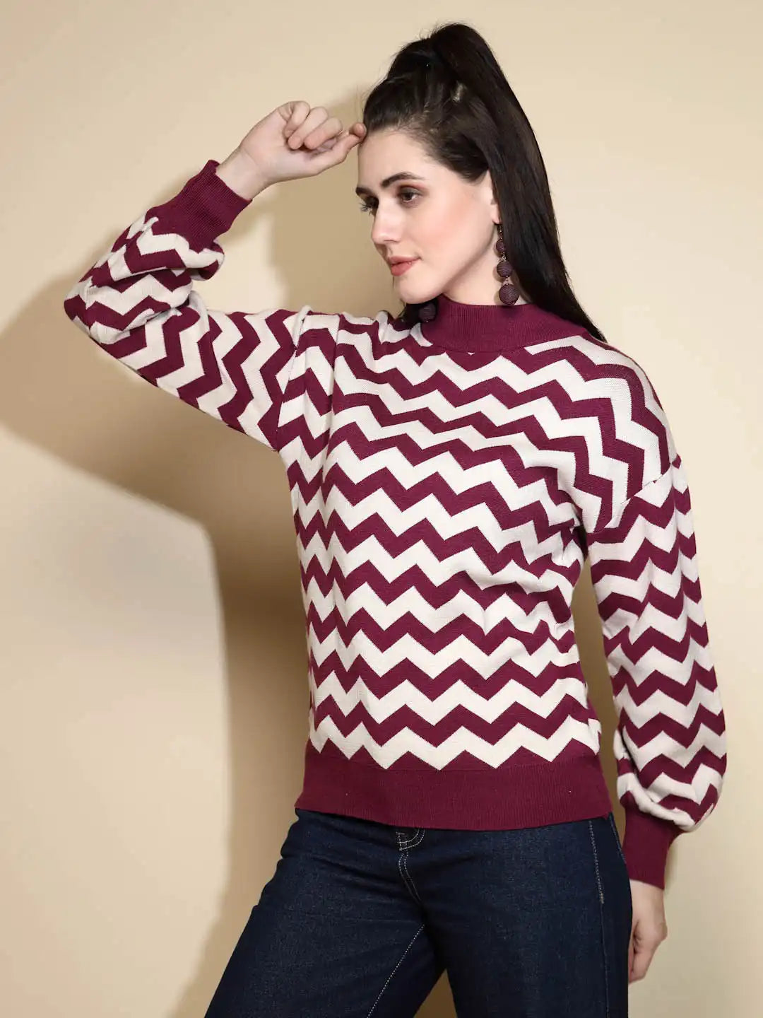 Purple Geometric print Full Sleeve High Neck Acrylic Pullover Sweater