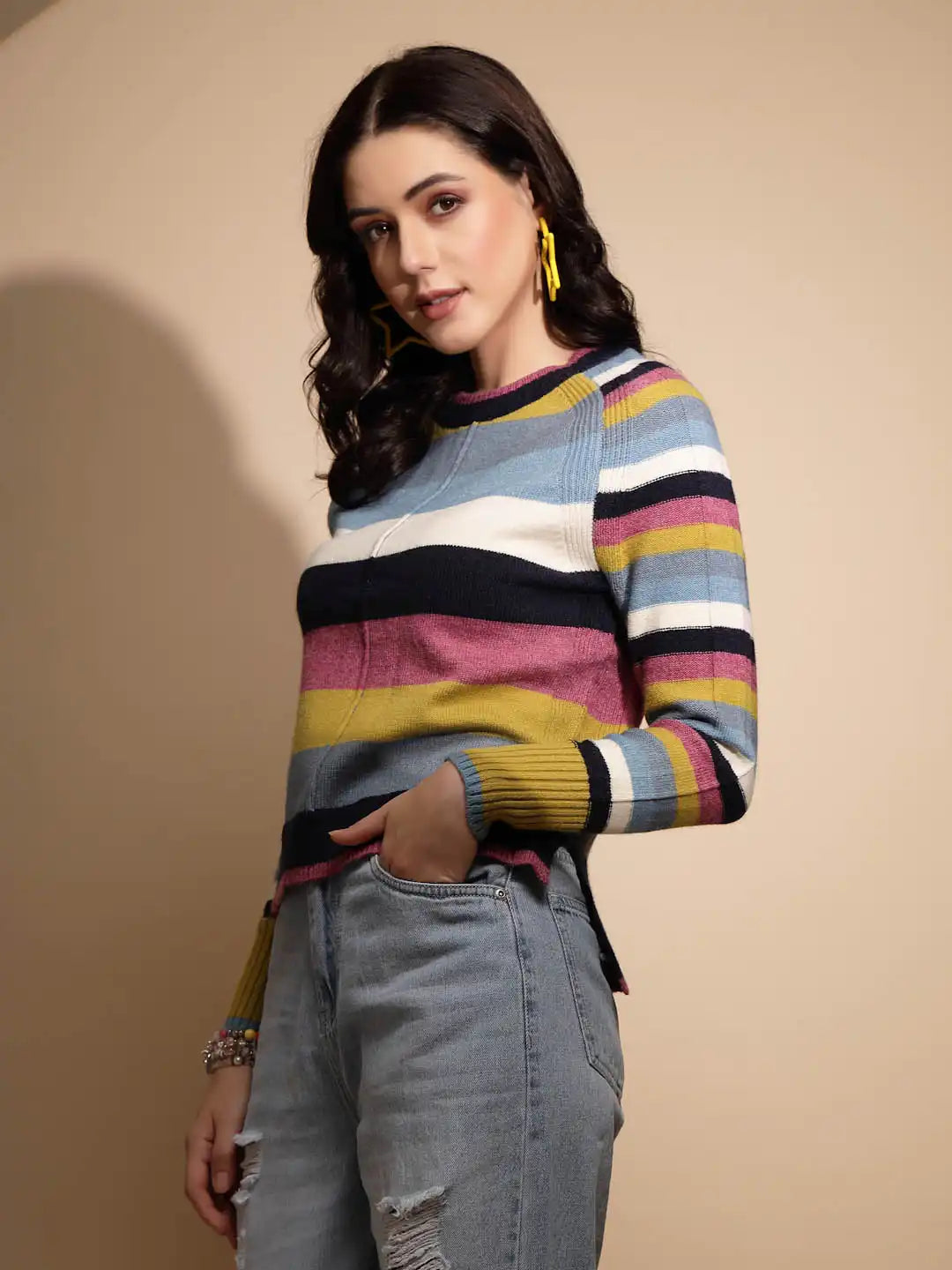 Multicolor Striped Full Sleeve Knitted Casual Pullover